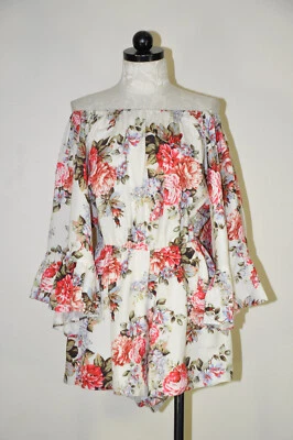 Macacão feminino LPA branco rosa floral linho romântico manga sino M - Imagem 1 de 4