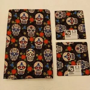 Halloween schwarz Totenkopf Stoff Tag der Toten 2 Yards 16" 100 % Baumwolle Posten Stoff  - Bild 1 von 7