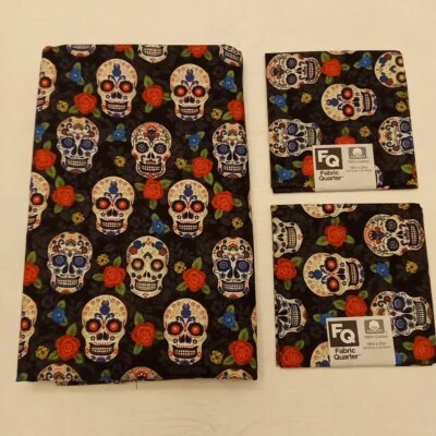 Halloween Tela Calavera Negra Día de Muertos 2 Yardas 16" 100% Algodón Lote Tela  Foto 1 de 4