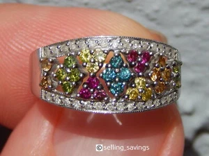 10K WHITE GOLD MULTI COLOR DIAMOND 3/8th INCH WIDE FACE RING -SIZE 7.75 - Picture 1 of 11
