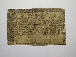 1770 $2/3 Annapolis Maryland MD Colonial Currency Bank Note Bill RARE ISSUE! - Picture 1 of 2