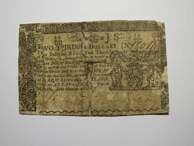 1770 $2/3 Annapolis Maryland MD Colonial Currency Bank Note Bill RARE ISSUE! - Image 1 of 2