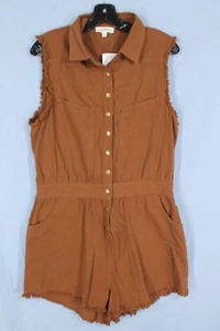 NWT EE:SOME Brown TWILL Snap RAW HEM Elastic Waist POCKETS Romper/Jumpsuit Sz M - Picture 1 of 5