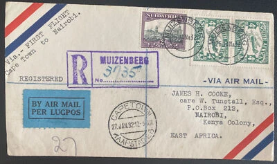 1932 Muizenberg Sudáfrica Primer Vuelo Correo Aéreo Cubierta FFC a Nairobi Kenia Foto 1 de 2