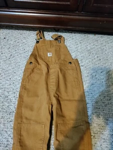 Carhartt Bib Overalls Canvas Reinforced Knees Khaki Brown Nice Kids Unisex 4T - Picture 1 of 6