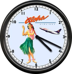 Aloha Airlines Hawaii Flight Attendant Airplane Pilot Hula Girl Sign Wall Clock - Picture 1 of 1