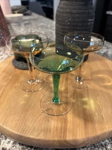 Set of 3 Vintage Green, Yellow And Orange Stem Cosmo Martini Glasses - Picture 1 of 6