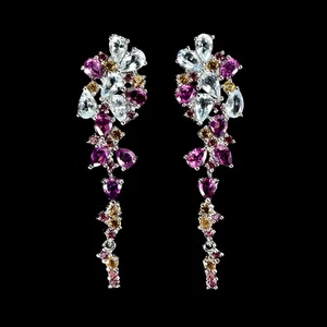 925 Sterling Silver Earrings Pear Aquamarine Rhodolite Sapphire Gemstone Jewelry - Picture 1 of 13