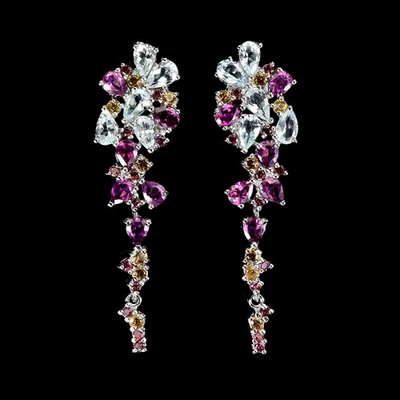 925 Sterling Silver Earrings Pear Aquamarine Rhodolite Sapphire Gemstone Jewelry - Image 1 of 4