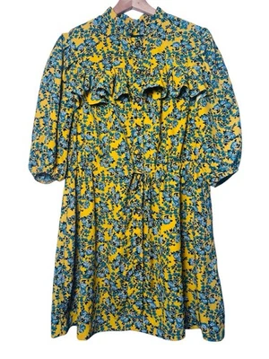 Topshop Yellow Paisley Ruffle Floral Mini Dress 6 Button Down Office Boho Chic - Image 1 of 4