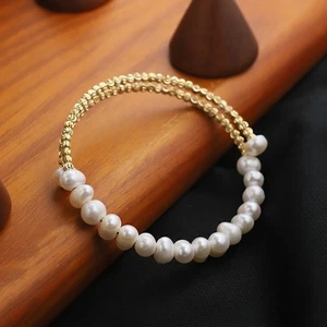 Natural White Pearl Handmade 6-7mm Bangle Bracelet Fine Jewelry For Women - Picture 1 of 6