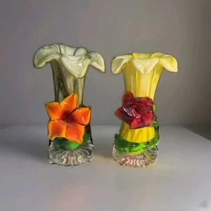 Par-2-Vintage Italiano-(¿Murano?) Jarrones soplados a mano con flores estiradas adjuntas años 60 - Imagen 1 de 8