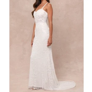 Maxi Vestido Lulus Lux Nupcial Nuevo con Etiquetas Momentous Love Blanco Cuentas Bustier Malla Sirena - Imagen 1 de 11