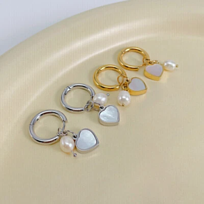 Edelstahl Creolen mit Anhängern Barockperlen & Perlmutt-Herz Ohrringe Süßwasse - Bild 1 von 4