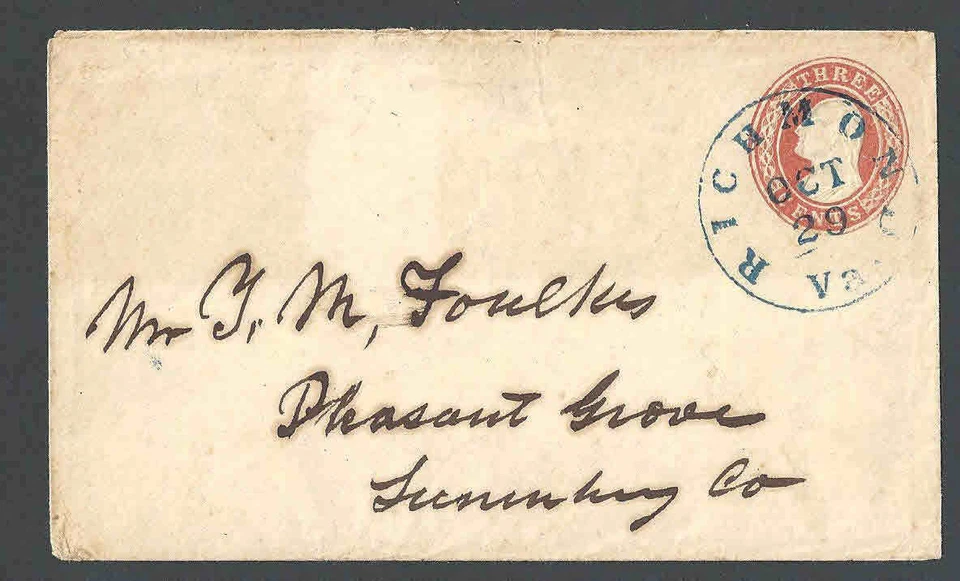 1853 U3 Used Entire 3c Red On White Die 2 Size 7 Blue Richmond Vt Cancel - Image 1 of 1