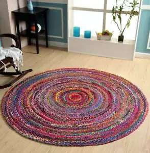 Rug Round Cotton Chindi Hand Braided Circle Area Rug Living Room Rug, Indian Rug - Picture 1 of 9
