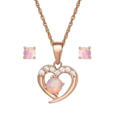 Juego de pendientes y colgantes de plata de ley enchapados en oro rosa de 14 quilates con circonita cúbica y corazón de ópalo Crtd Foto 1 de 4