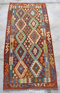 Afgano Kundoz Hecho a Mano Nómada Tribal Rojo Multicolor Lana Kilim Runner 89x198cm - Imagen 1 de 5