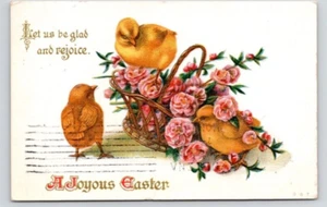 POSTAL SALUDO POLLUELOS DE PASCUA Y UNA CESTA DE FLORES - Imagen 1 de 2