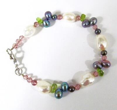 Genuine Amethyst Peridot Pearl Station Bracelet (7"-7.5" wrist) Sterling Silver - Image 1 of 4