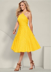 Vestido para mujer VENUS amarillo a lunares de algodón ajustado y acampanado correas ajustables talla 4 - Imagen 1 de 17