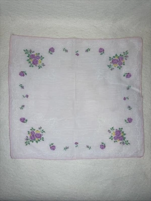 Vintage Floral Handkerchief Pink Yellow Green 12” X 11” Hanky Hankie - Image 1 of 4