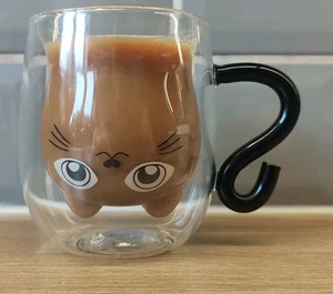Cute Cat Mug Double Wall Glass Milk/Coffee Fun - Picture 1 of 9
