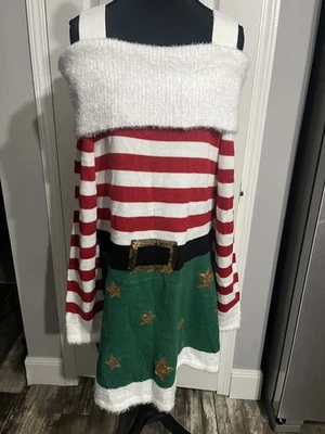 Vestido suéter Holiday Time Off Shoulder manga comprida Holiday Santa XL 16-18 NOVO SEM ETIQUETAS - Imagem 1 de 4