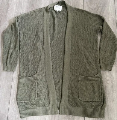 Cardigã suéter feminino manga longa frente aberta algodão XS bolsos verde oliva - Imagem 1 de 4