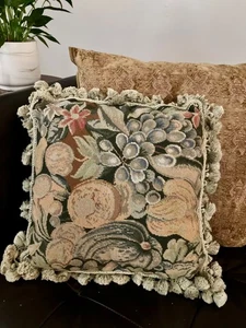 Aubusson style French Floral Fruit Fringe Hand Needlepoint Wool Pillow velour - Picture 1 of 13