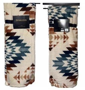 Pendleton Peak Canyon Double Sided Faux Fur Throw Blanket Southwest Cream Blue - Picture 1 of 11