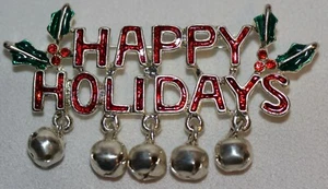 Christmas Holiday Charm 'Happy Holidays' Silver Bells Pin Brooch Costume Jewelry - Picture 1 of 3