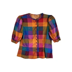 Vtg Eber San Francisco Blouse Women's Medium Multicolor Check Plaid Rainbow 70s - Picture 1 of 10