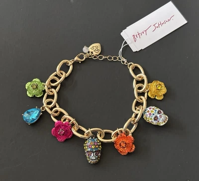 Pulsera Betsey Johnson Calavera Esqueleto Flor Dije Tono Dorado Eslabón Estrás Foto 1 de 4