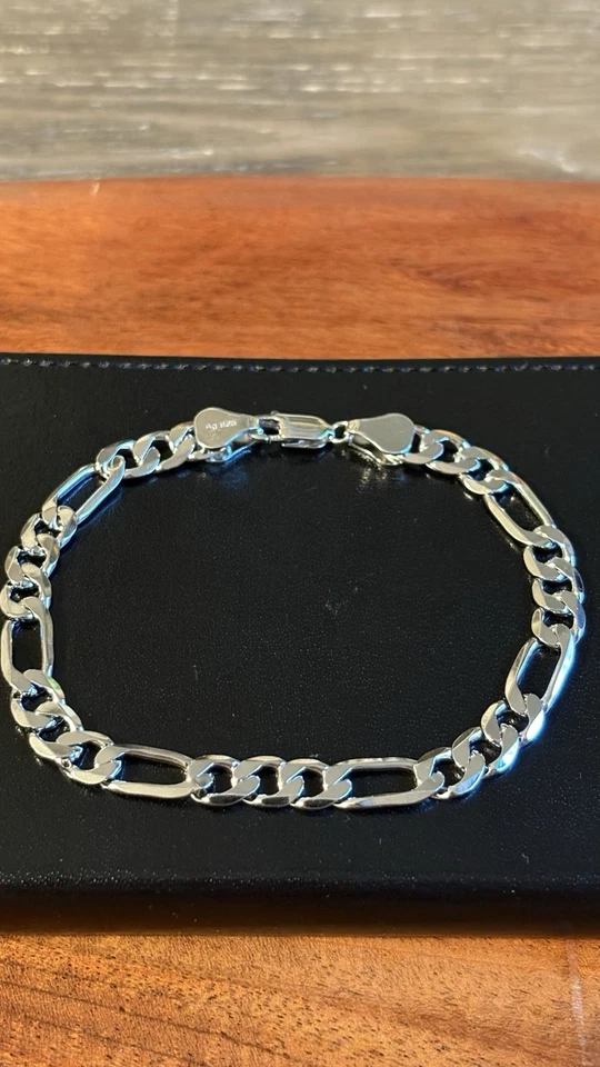 Bold 925 Sterling Silver Figaro Link Bracelet – 9” – 7mm – 15g – Rhodium Finish - Image 1 of 3