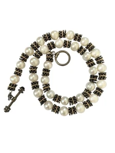Vintage Sterling Silver & 14K Gold Freshwater Pearl Garnet Toggle Necklace 18” - Picture 1 of 5