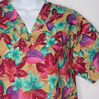 Womens Scrub Top Med 42" Autumn Leaves Acorns Medical Dental Tag Cut Cotton Poly - Image 1 of 4