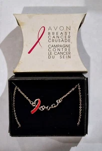 2013 Avon Breast Cancer Awareness LOVE Ribbon Necklace Silvertone - Picture 1 of 6