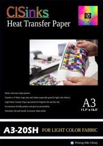 20 Sheet Light Fabric Inkjet Heat Transfer Paper A3 11.7" × 16.5" Cotton T-Shirt - Foto 1 di 2