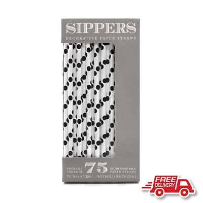 SIPPERS DECORATIVE PAPER STRAWS-75 PACK-BLACK POLKA DOT**FREE POST** - image 1 of 2