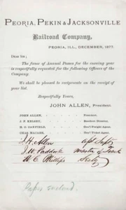 PEORIA PEKIN & JACKSONVILLE EISENBAHN BRIEFKOPF 1877 ANFRAGE FÜR JAHRESKARTEN - Bild 1 von 1
