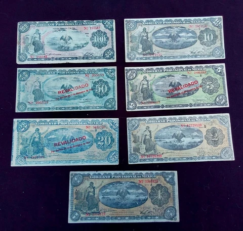 1914 Gobierno Provisional de Mexico Lot Of Seven Bank Notes Old Good Condition Cover