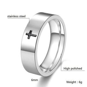 Silver Stainless Steel Pendant Black Epoxy Cross Ring Unisex Religion Band
