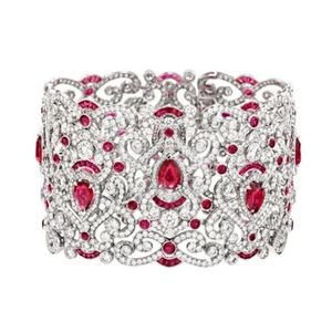 Lab Ruby Statement Bangle Bracelet 925 Sterling Silver Authentic Luxury Jewelry - Picture 1 of 3