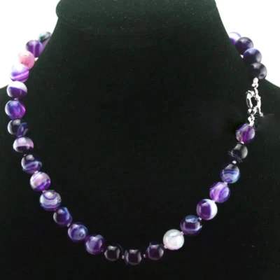 Moda Collar de cuentas redondas de piedras preciosas de ágata a rayas púrpura natural de 10 mm 18" AAA Foto 1 de 3