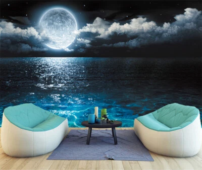 3D Ocean Bright Moon Night Seascape Wall Murals Wallpaper for Bedroom Home Decor - Image 1 of 4