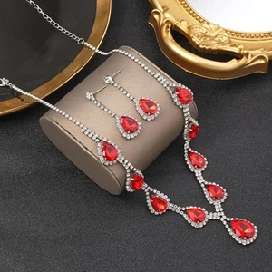 Water Drop Rhinestone Jewelry Set Shining Necklace Earrings Banquet - Picture 1 of 11