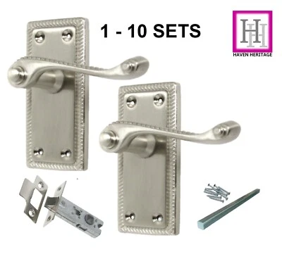 Door Handles Georgian Satin Finish Lever Latch Roped Edge with Latch 1 - 10 SETS - Image 1 of 4