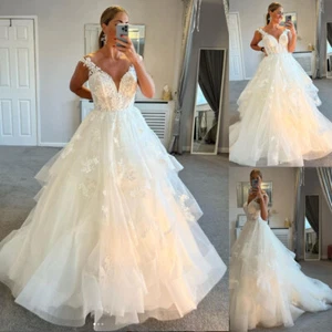 Deep V-neck Wedding Dresses With Ruffle Lace Applique Sweep Train Bridal Gowns - Picture 1 of 10