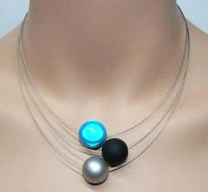 3 reihig Collier Halskette Perlen schwarz silber grau 16/18 Miracle Türkis 154a - Bild 1 von 5